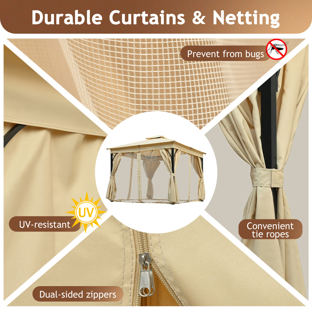 TREXM 10x10 Outdoor Gazebo Tent with Double Roofs, Patio Gazebo with Mosquito Netting and Privacy Screens, Patio Canopy for Shade and Rain for Backyard, Garden, Lawn and Deck (Beige)