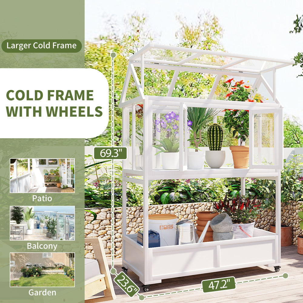 [Assembly Video Available] TOPMAX Garden Wood Portable Cold Frame with Movable Wheels Mini Greenhouse with Openable Roof and Storage Box, White