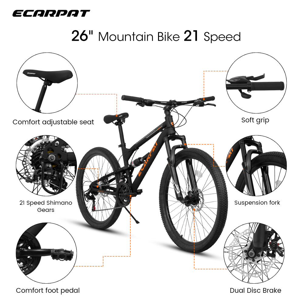 A26207 26 Inch Steel Frame Shock Fork Plus Shock Absorber 21-speed Unisex Mountain Bike