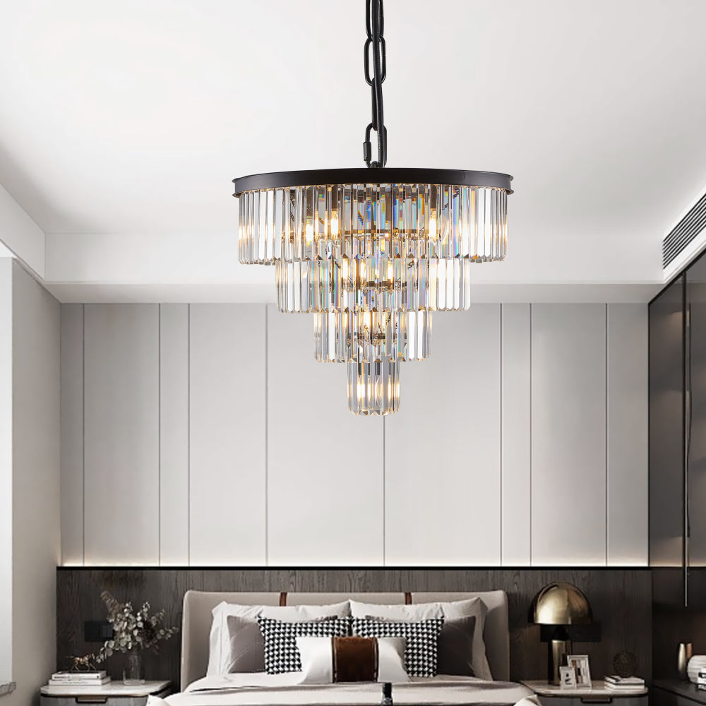 (Same as W1340P188542/L5007-600-B) 24" Contemporary Crystal Modern Chandeliers Crystal Ceiling Chandelier 4 Tier Black Chandelier Lighting for Dining Room Living Room Bedroom (Bulbs Not included)