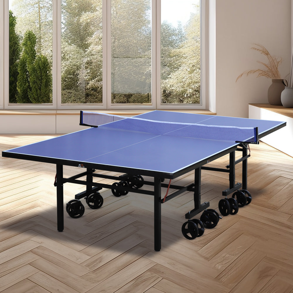DOUBLE FISH Blue Folding Rolling 9×5 FT Table Tennis Table Indoor And Outdoor Table Tennis Table, 2 Rackets, 3 Balls, 1 Net And 8 Wheels Set Behind It For Easy Movement