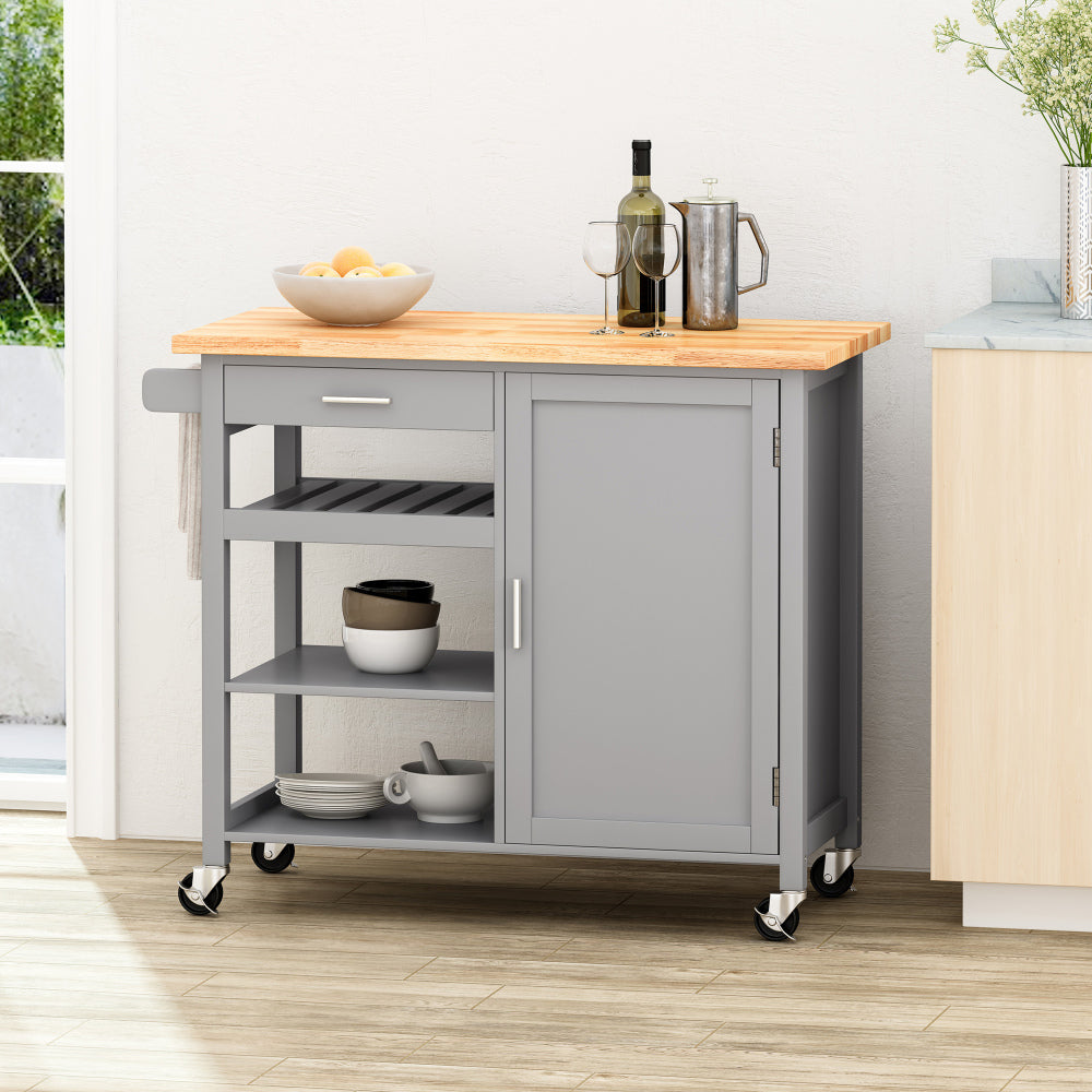 Kitchen Island Cart with Solid Wood Top, 41" Width Mobile Carts with Storage Cabinet, Rolling Kitchen Table with Spice Rack, Towel Rack, and Drawer, Portable Islands on Wheels