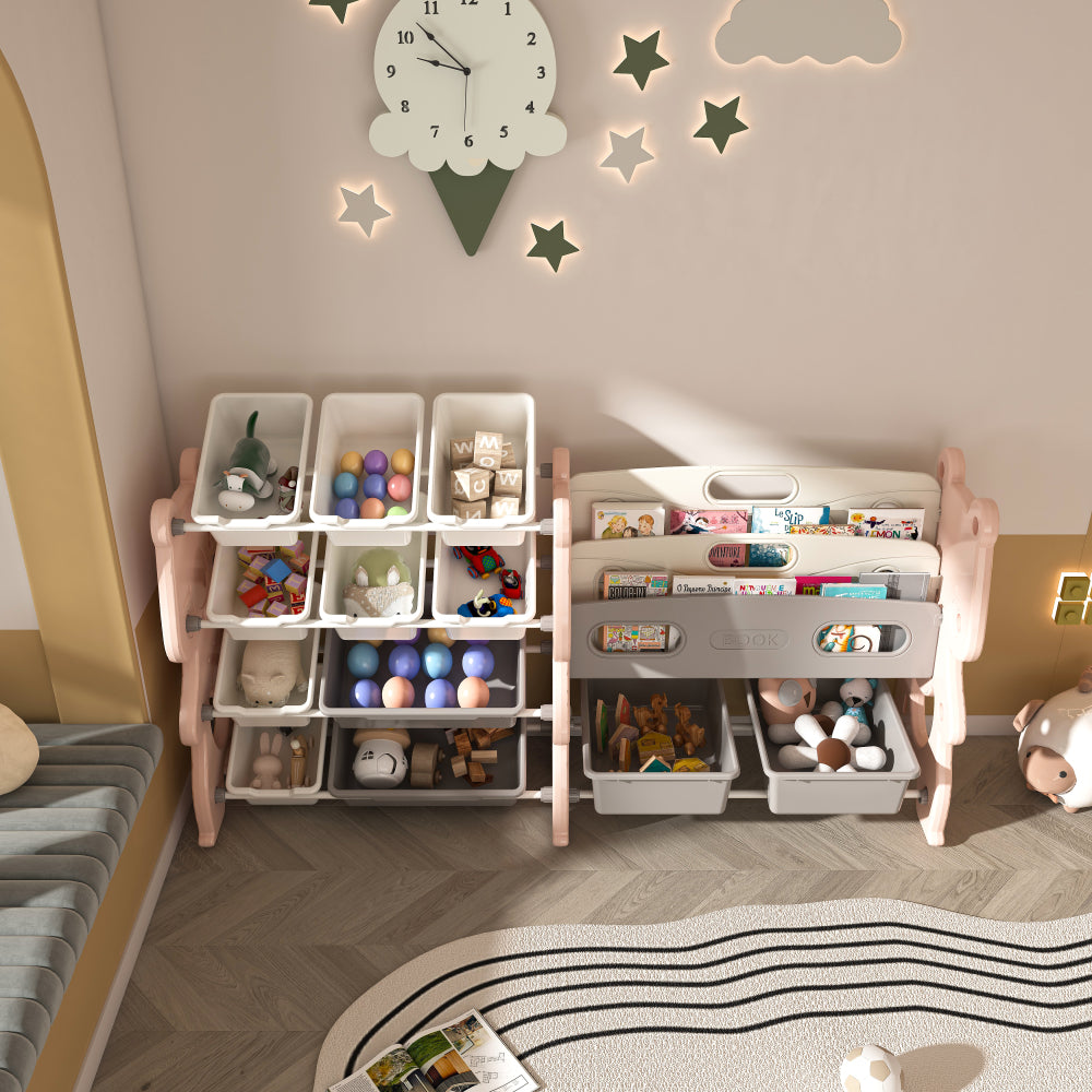 Kids Toy Storage Organizer, Toy Organizer with 2 Tier Bookshelf, Toy Storage with Shelf and 12 Toy Bins, Kids Bookshelf and Toy Storage for Playroom, Bedroom, Kids Room, Classroom (pink color)