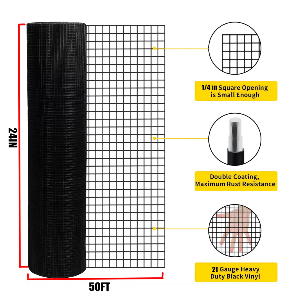 24 inch×50 ft Black Vinyl Coated Hardware Cloth, 21 Gauge 1/4 inch Black PVC Hardware Cloth, Black Welded Wire Fence Supports Poultry-Netting Cage-Home Improvement and Chicken Coop