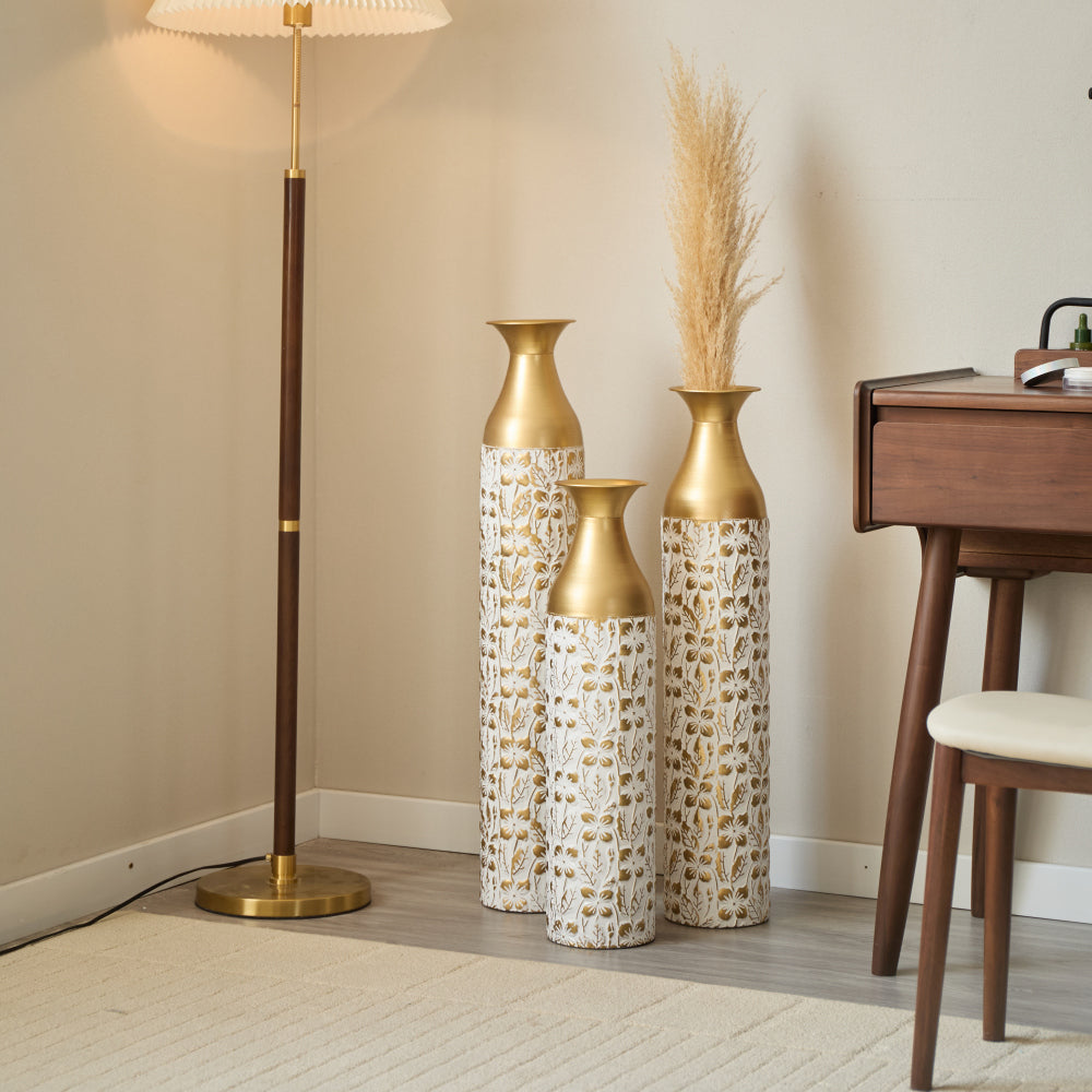 Mother's Day Gift Set - Gilded White 3D Relief Flower Metal Vase Set 24". 29". 32. 68 height