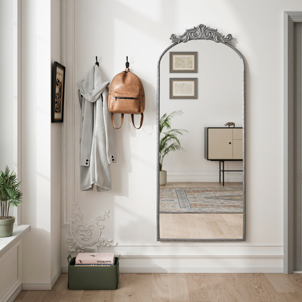58"x24" Arched Full Body Mirror with Vintage Ornate Carved Applique on Top, Hanging Wall Mounted Mirror, for Living Room Bedroom Retro Home Decor Mirror, Antique Silver