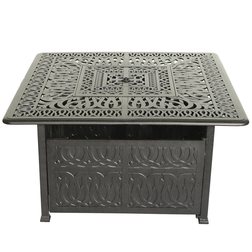 Cast Aluminum 44" Square Fire Table w/ Fire Glass and Cover