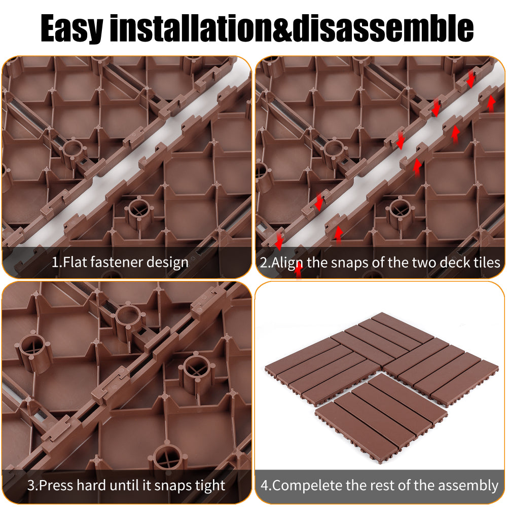 Plastic interlocking decking tiles, 44 packs of terrace decking tiles, 12 inches x 12 inches waterproof for all-weather use, backyard pool decking tiles, Brown