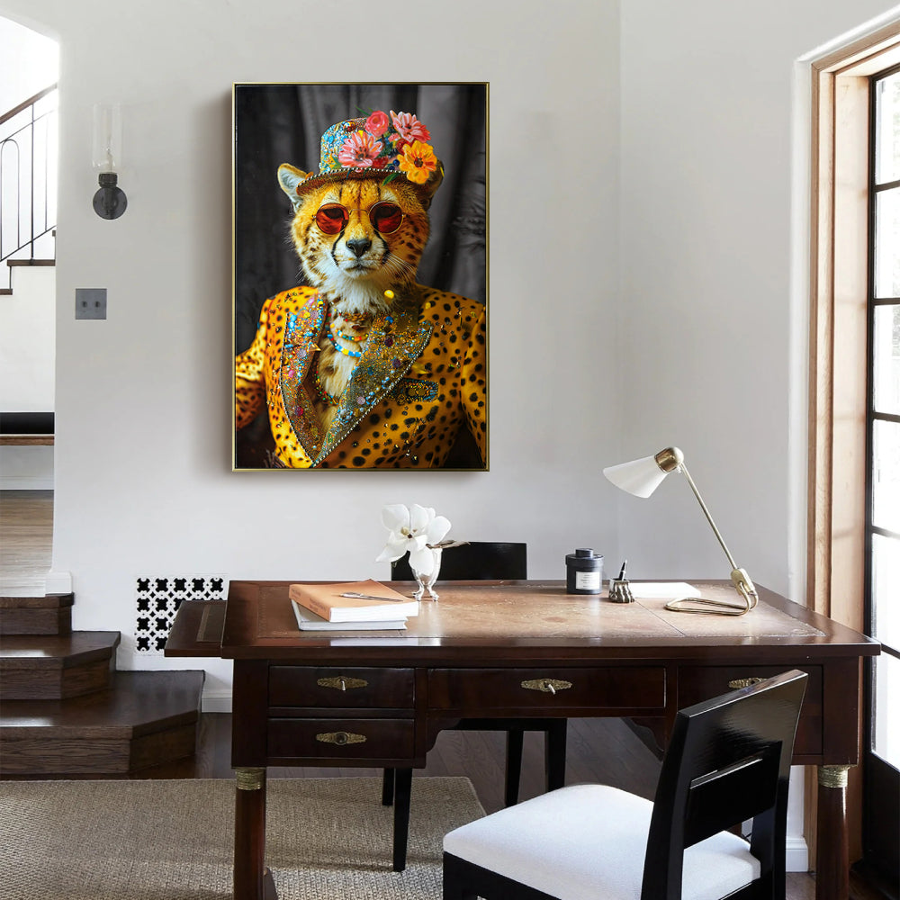 Abstract Art Wall Decor: Stylish Cheetah in Leopard Print Suit with Sunglasses and Hat Featuring Flower - Unique Modern Canvas Painting for Living Room, Bedroom, Office decorative picture