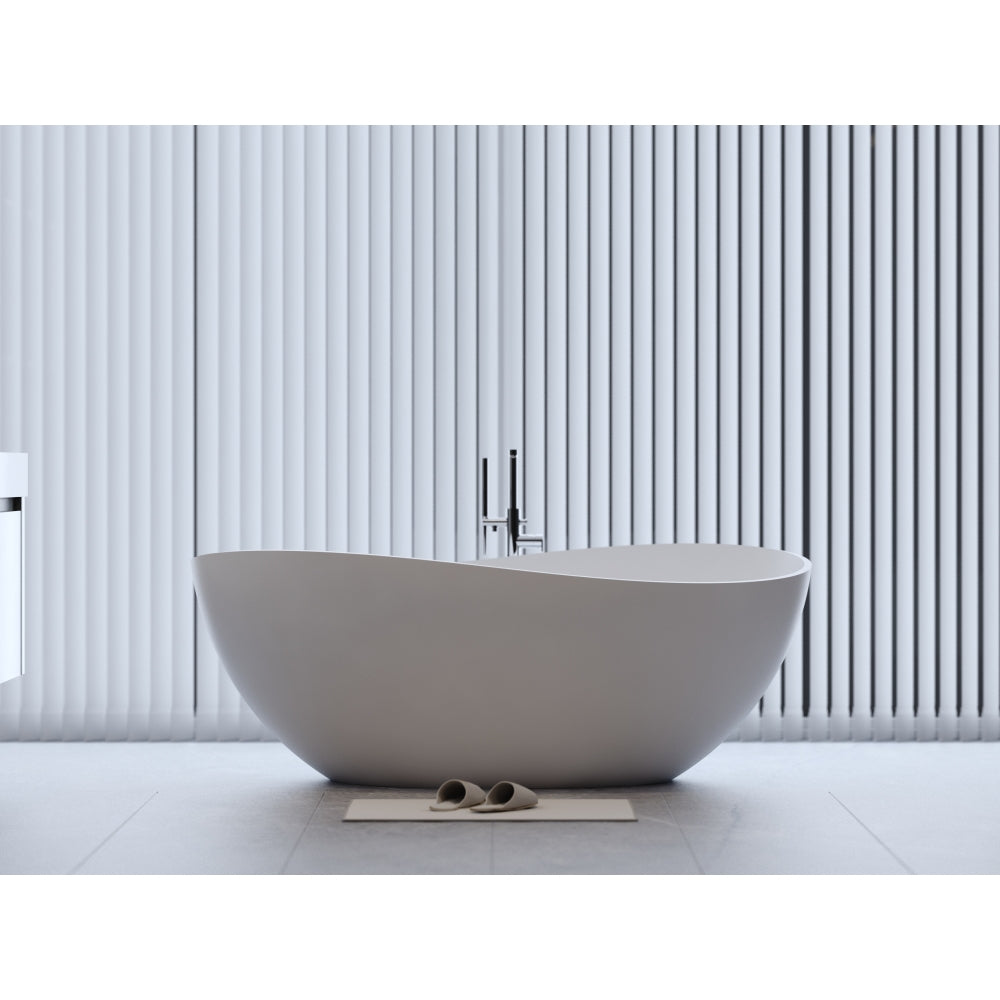 63" Freestanding Solid Surface Bathtub, Luxury Engineered Stone Resin Freestanding Soaking Bathtub with Overflow and Pop-up Drain for Contemporary Bathroom, Matte White 24S05-63MW