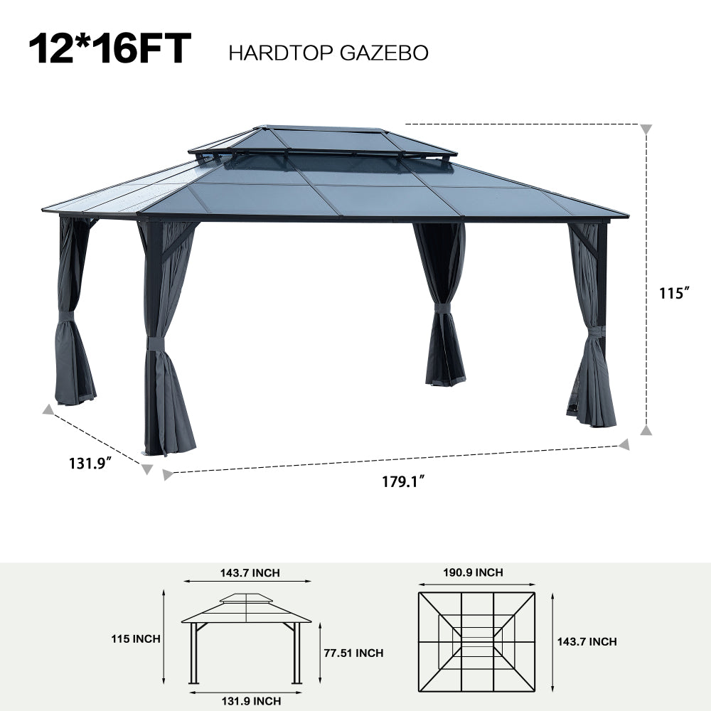 12' x 16' Gazebo Polycarbonate Double Roof Canopy Outdoor Aluminum Frame Pergola, Permanent Pavilion with Netting and Curtains for Garden Patio Lawns Parties