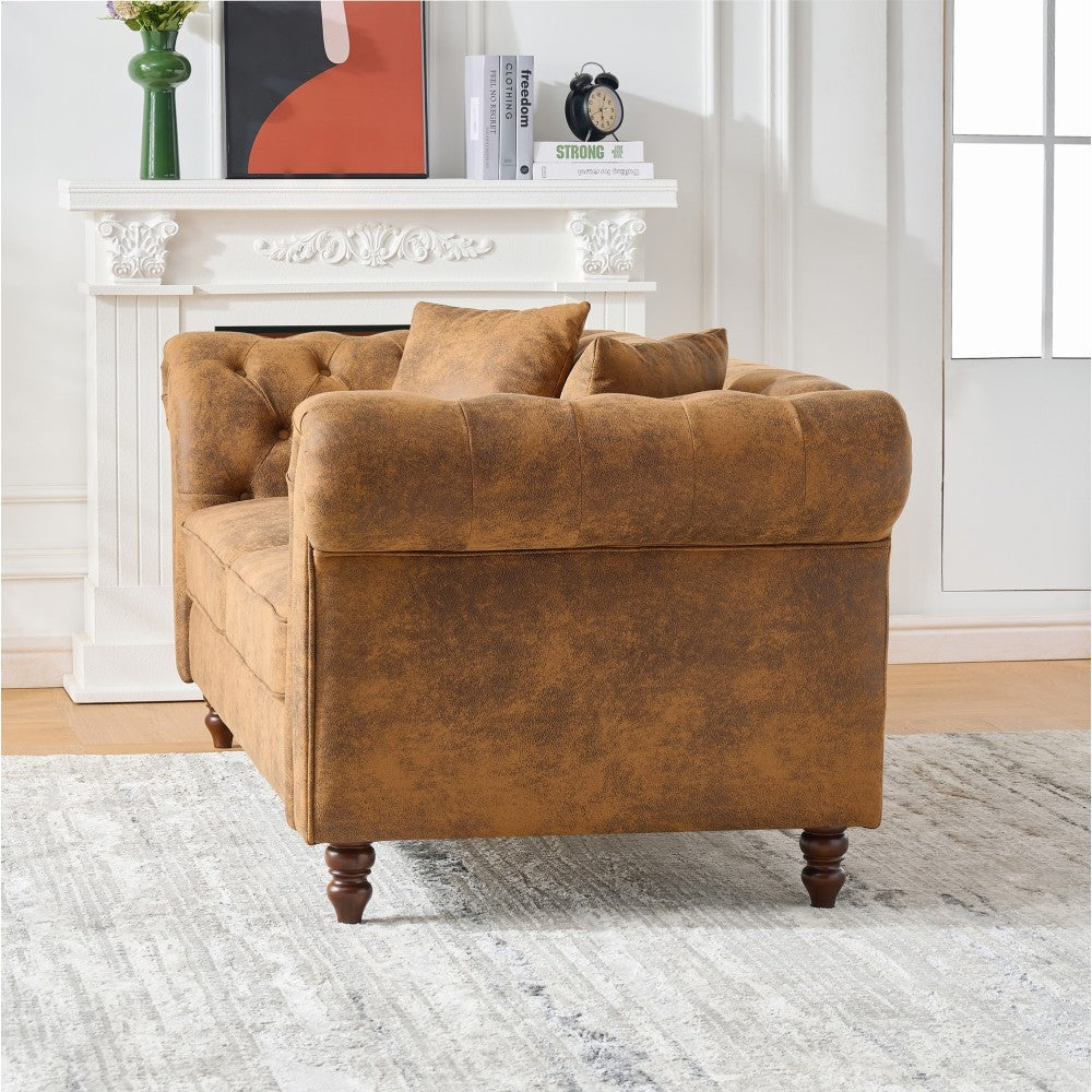 66"Chesterfield ‌Faux Leather Sofa,High-tech Fabric Roll Armrest Sofa,Upholstered Mid Century Modern Couch,2 Seater Couch for Living Room, Office, Apartment, Brown