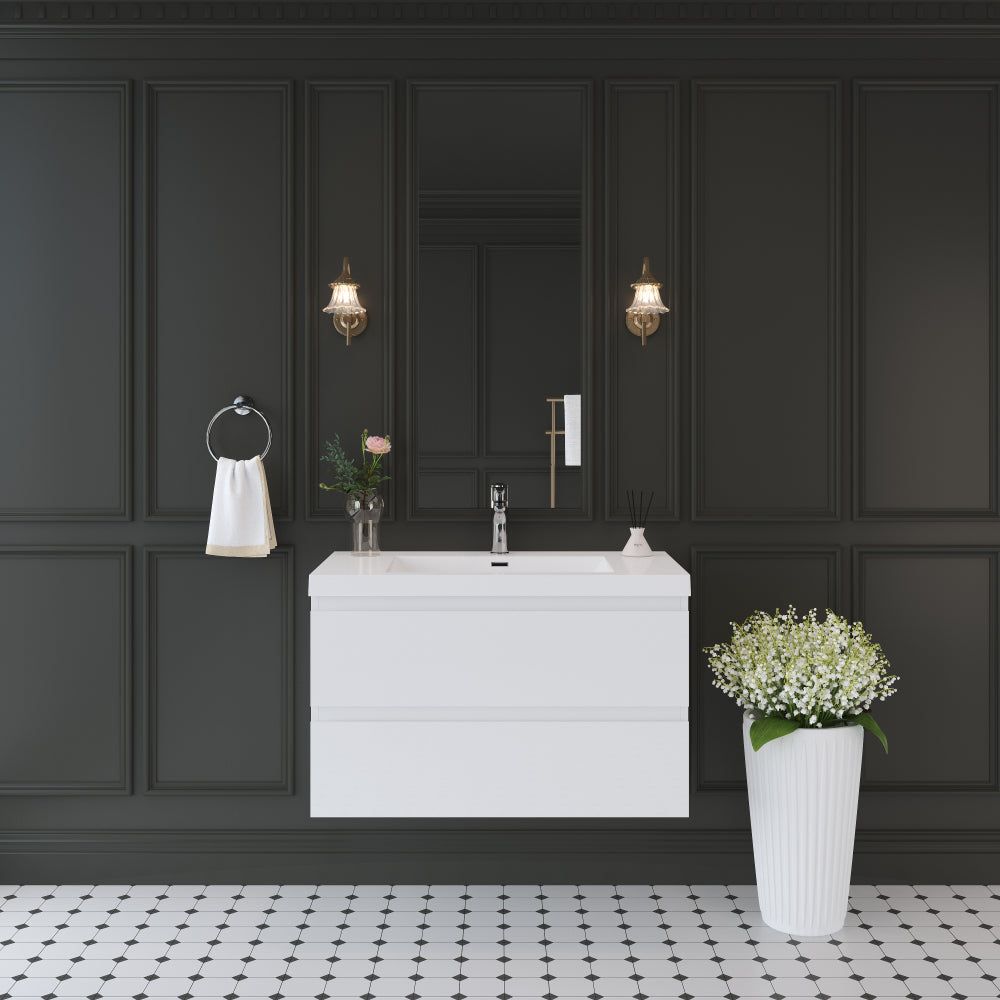 36" Floating Bathroom Vanity with Sink, Modern Wall-Mounted Bathroom Storage Vanity Cabinet with Resin Top Basin and Soft Close Drawers, Glossy White 24V11-36GW