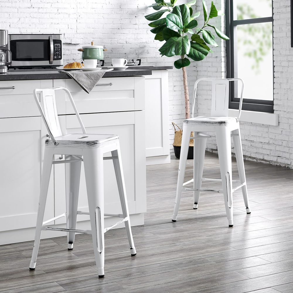Modern Light Weight Industrial Contemporary Rustic Vintage Costal Metal Barstools with Bucket Back and 4 Leg Design, Seat Bar Stools (Set of 2) (24" Seat, Distressed White)