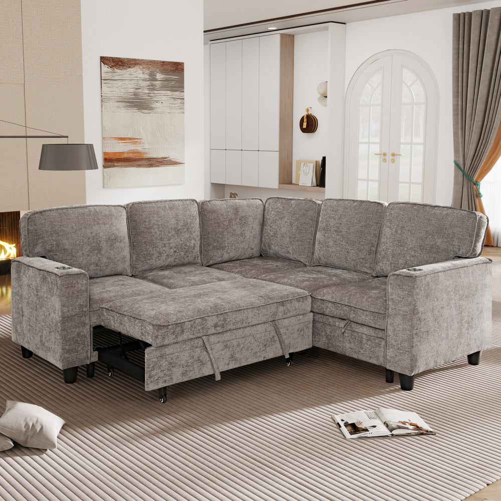 L-Shaped Sofa with Pull Out Sofa Bed, Sleeper Sofa Couch Bed with Storage Seat, 5 Seat Sectional Sofa Bed with USB, Sectional Sofa Couch for Living Room, Apartment, Light Brown