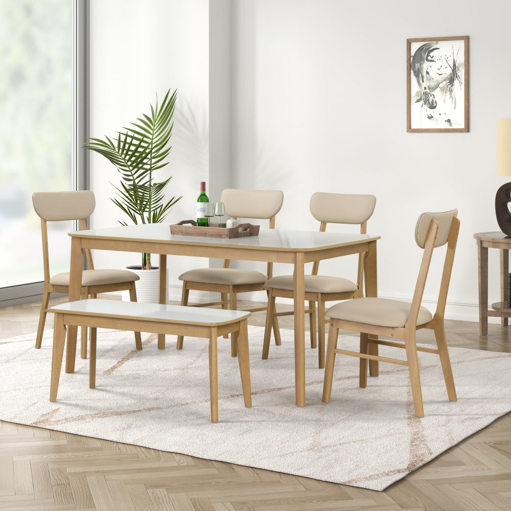 6-piece Dining Table Set, One Table One Bench and Four Chairs, High Gloss White Tabletop With Light Oak Color
