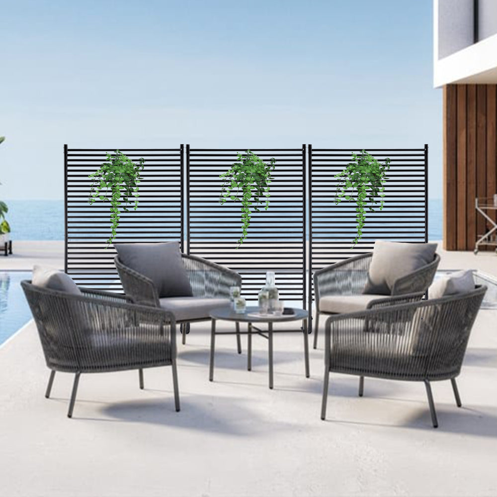 71.26''x46.65'' Outdoor Privacy Screens Freestanding,Metal Privacy Fence Panels for Outside, Slatted Privacy Screens with Stand,Black
