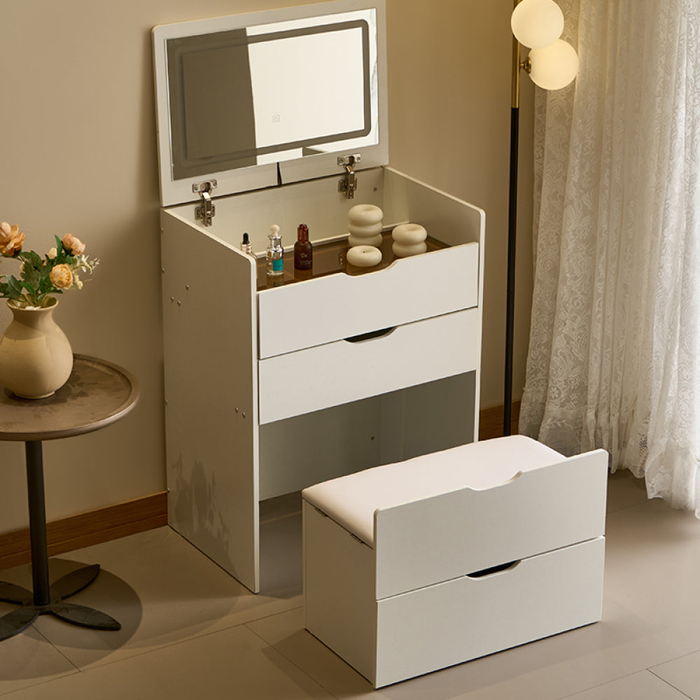 3-in-1 Vanity Desk with Mirror And Lights, Small Vanity Desk Set with Visible Glass Tabletop, 3 Drawers, Storage Bench, 3-color Lighting Mirror, Suitable for Bedroom Small Vanity Desk