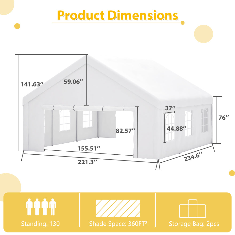 20x20FT Party Tent Heavy Duty, Large Wedding Event Shelters with 2 Storage Bags & Removable Sidewalls, Outdoor Canopy Gazebo Commercial Tents for Parties Carport Camping Garden Patio