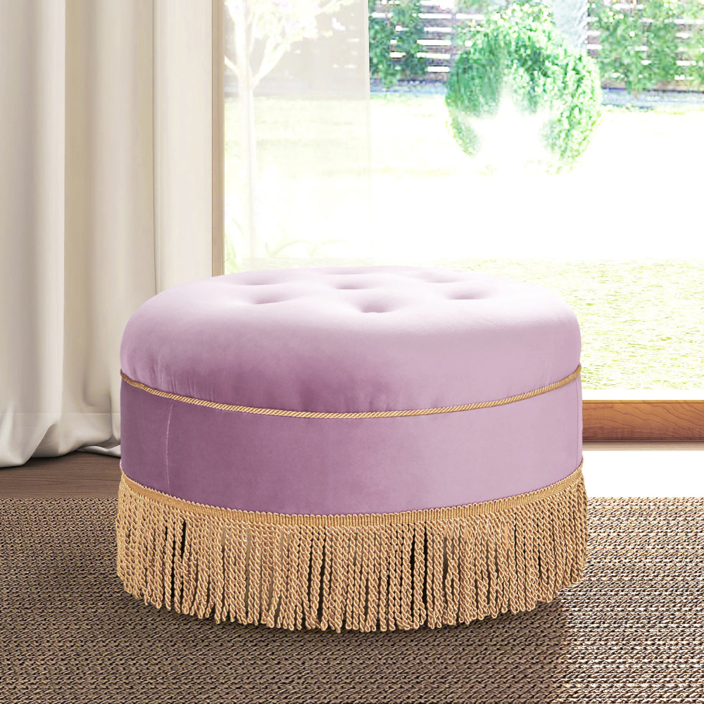 Yolanda 24" Round Upholstered Accent Ottoman, Peach Orange Velvet with Gold Trim