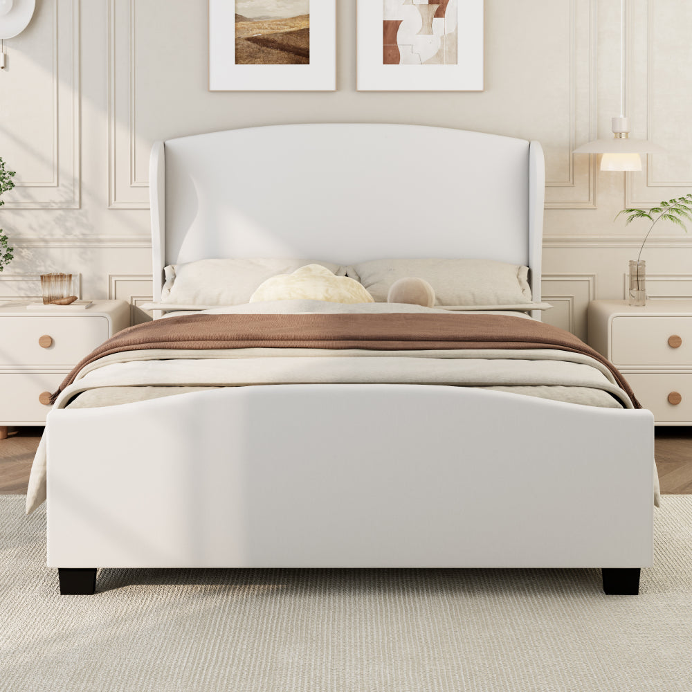 Queen Size 51" High Headboard Wingback Linen Upholstered Bed No Box Spring Needed, Beige