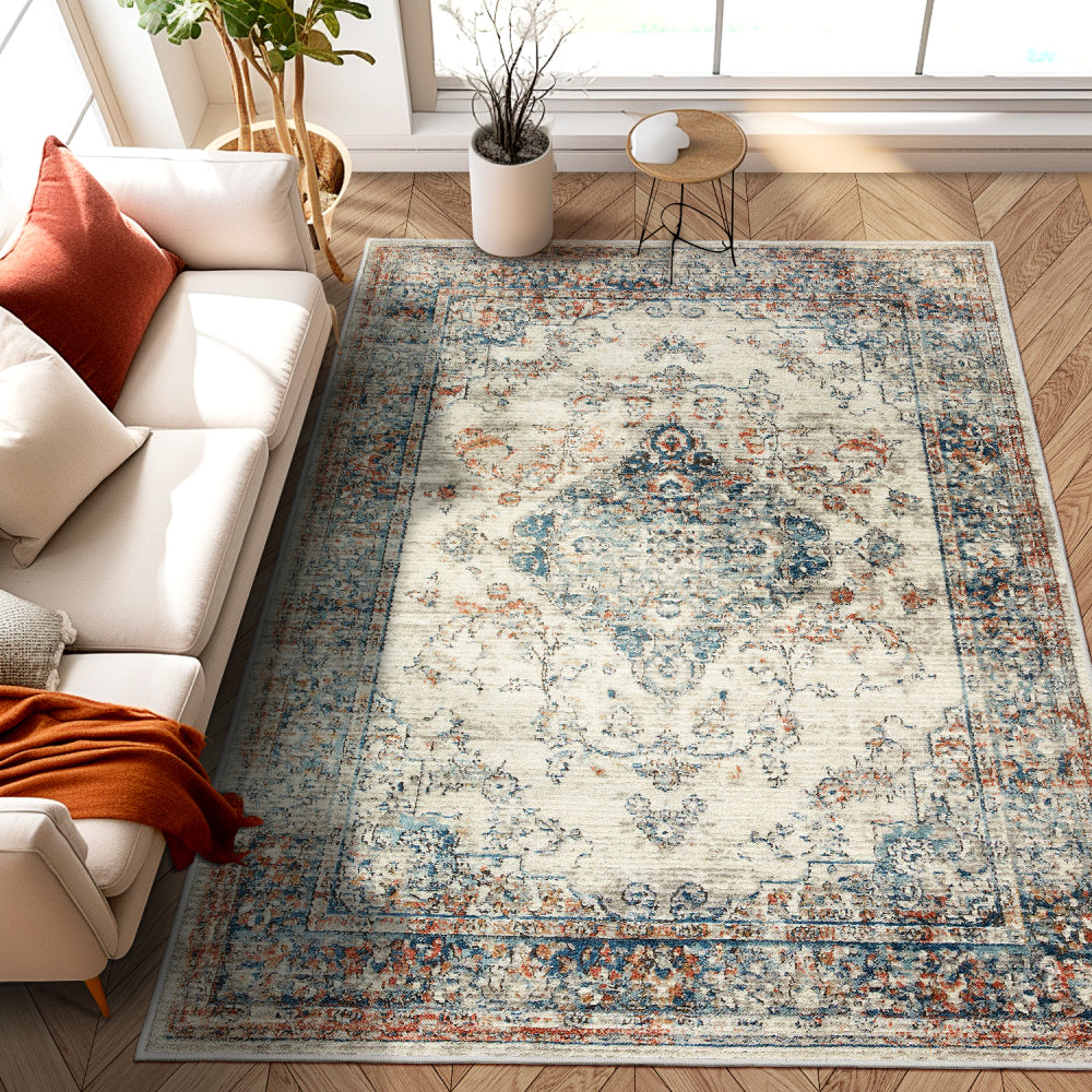 Area Rug 5x7 Vintage Bohemia Large Persian Non-slip Washable Rug For Living Room Kitchen Bedroom Living Room Flower Design Blue/Yellow