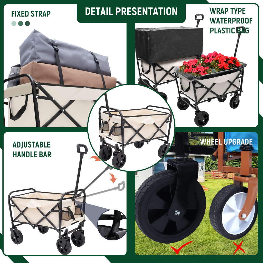 Minimeetall Multi-use Bag,Collapsible Foldable Wagon Cart Beach Wagon Heavy Duty Utility Cart Utility Wagon Grocery Cart for for Camping 3pcs plastic Liner bag /Cover , cream