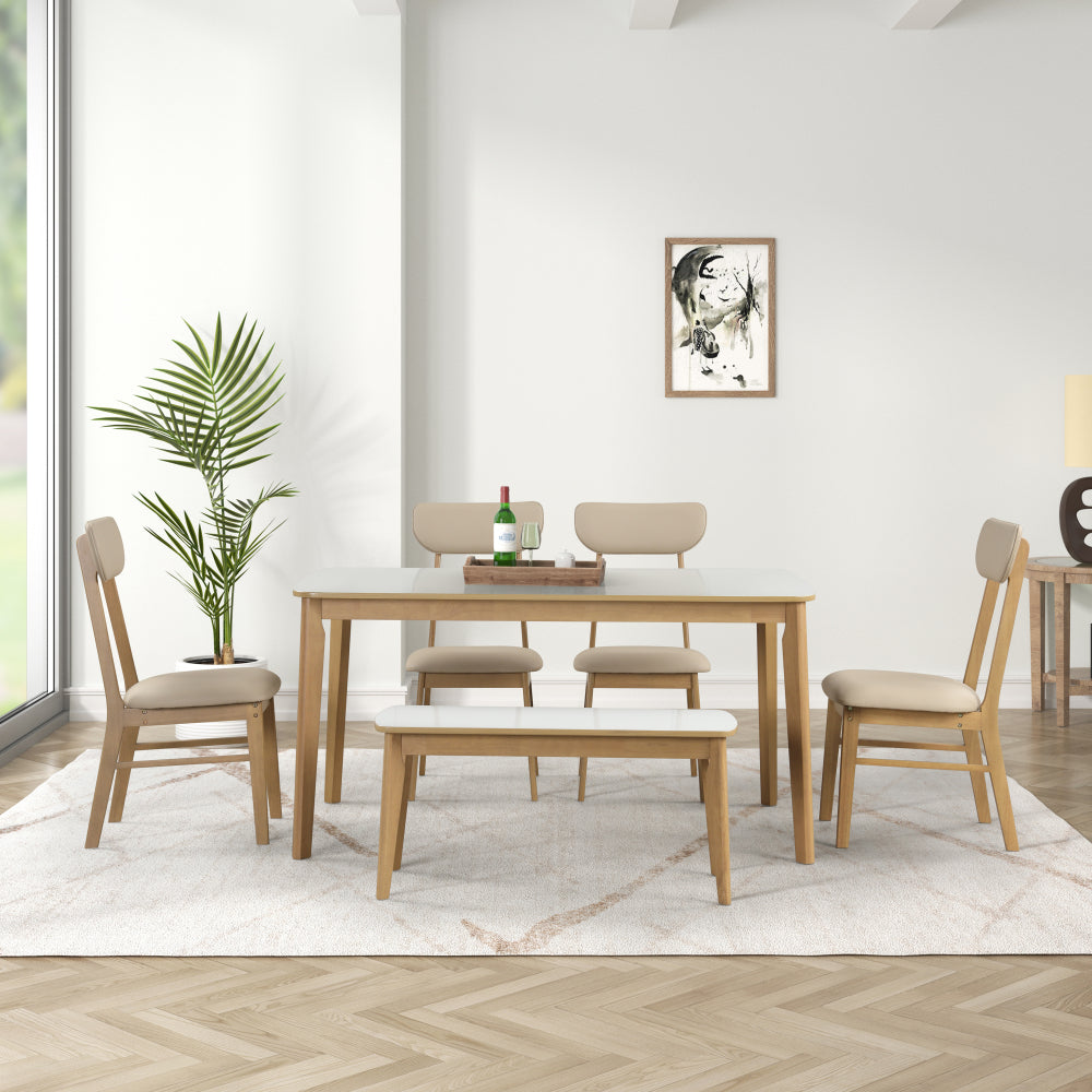 6-piece Dining Table Set, One Table One Bench and Four Chairs, High Gloss White Tabletop With Light Oak Color