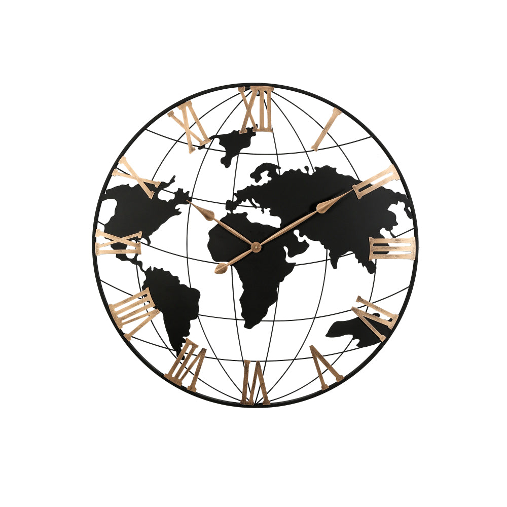 36 Inch Extra Giant Large Black Metal Wall Clock, Modern Silent World Map Wall Clock with Vintage Gold Roman Numeral, Decorative for Living Room, Entryway, Dinning Room, Bedroom