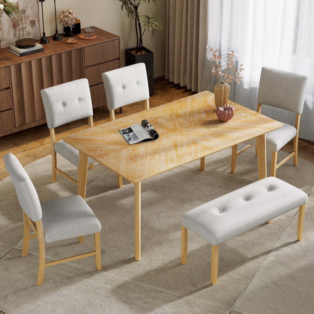 6 Piece Dining Room Table Set, Rustic Farmhouse Dining Room Rectangular Table with 4 Upholstered Chairs and Bench, Solid Wood Kitchen Dining Table Set for 6 Persons (Easy Assembly, Natural Wood Wash)