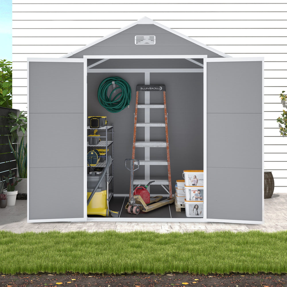 6x6 FT Storage Shed, Waterproof Resin Outdoor Storage Shed with Floor & Window &  Lockable Doors and  Vents, Tool Shed for Bike, Garden, Backyard,Lawn, All Weather Use, Light Grey