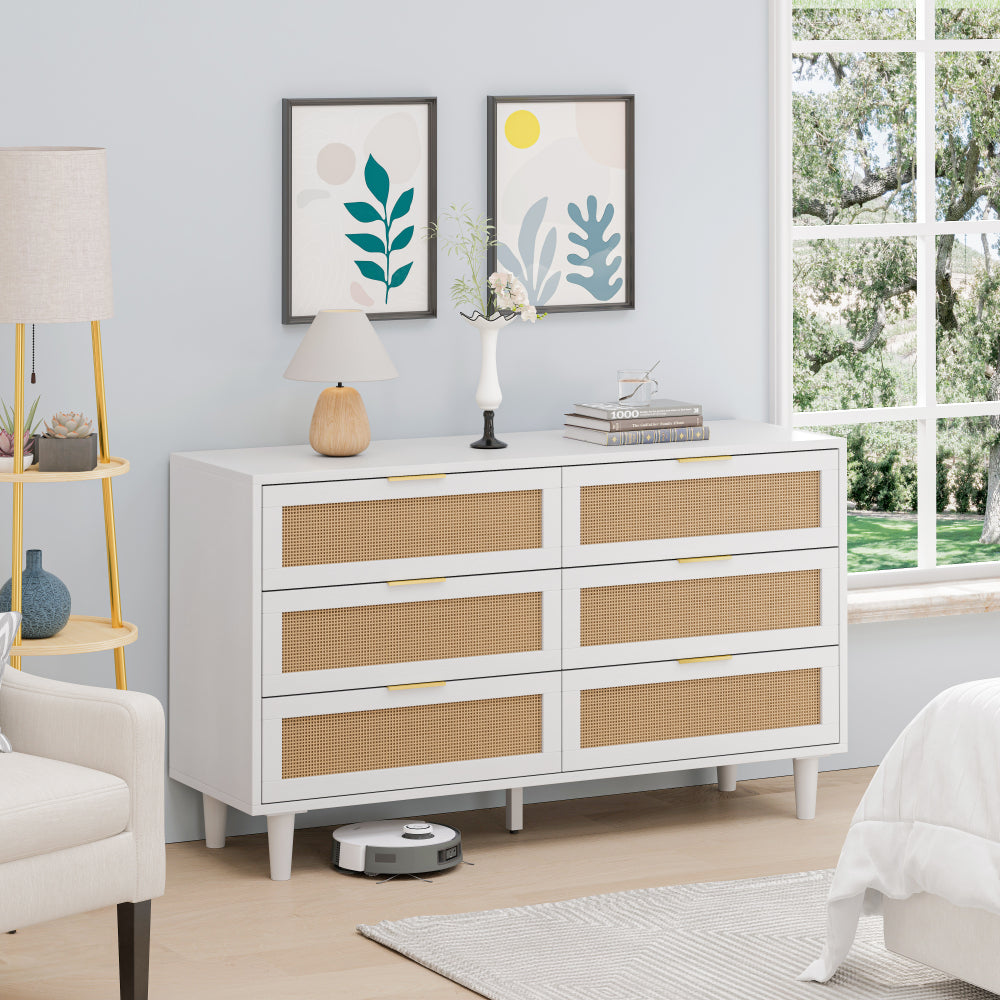 51" Rattan Dresser with Drawers, 6 Drawer Dresser for Bedroom, Clothes Storage Cabinet for Bedroom, Metal Handle&Wood Legs for Hallway, Living Room, Bedroom,Natural