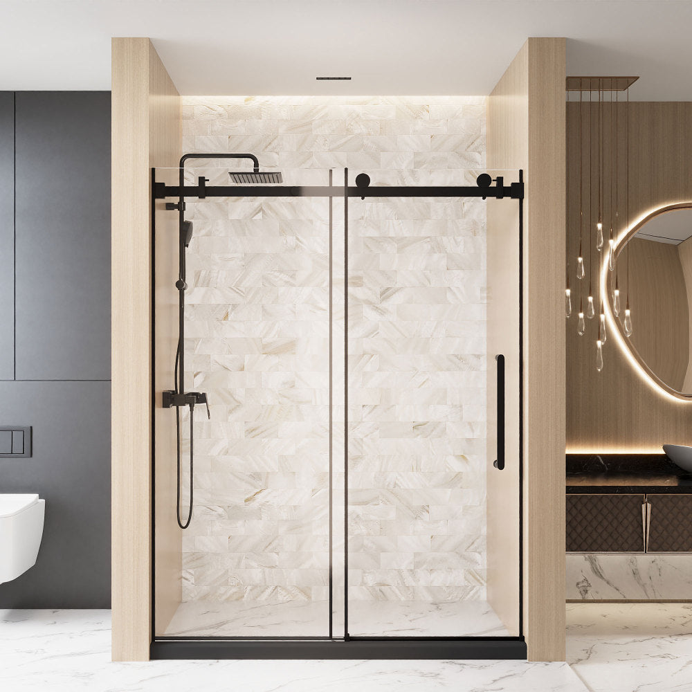 Frameless Single sliding shower door  56-60 "W x 76" H, 1/4 "(6 mm) Clear Tempered Glass, Explosion Proof Film, Stainless Steel Handle Square Tube Track ,Matte Black