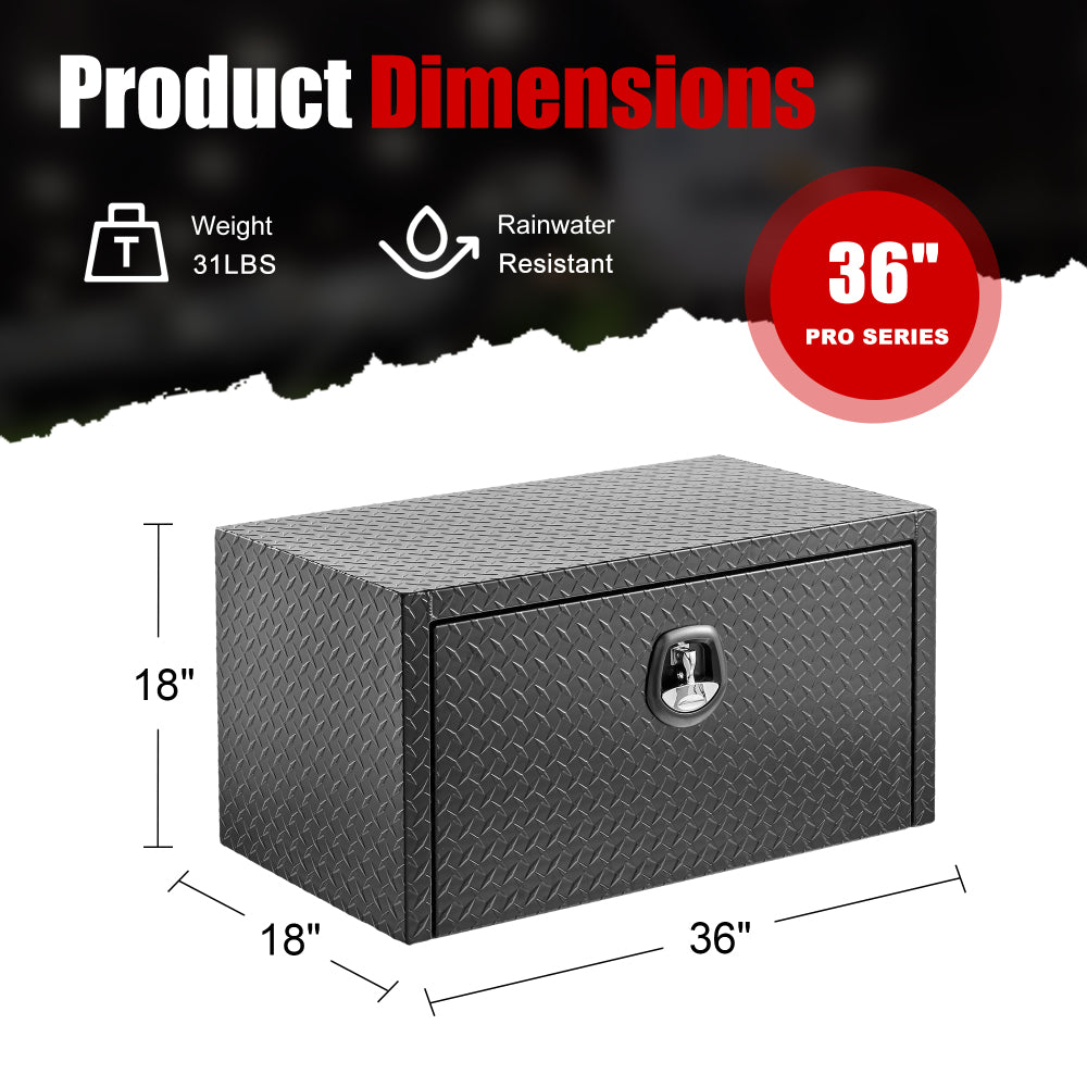 36 inch aluminum underbody truck tool box heavy duty underbed toolbox tool storage organizer chest with lock and keys, waterproof trailer box, extra thick diamond thread plate matte black finish