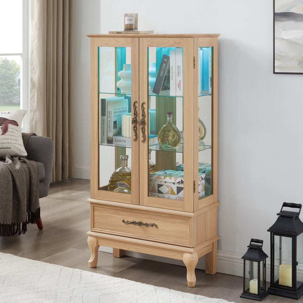 Lighted Curio Cabinet - Elegant Glass Display Cabinet with Adjustable Shelves, 2 Doors, and 1 Drawer - Wine Storage Sideboard with Included Bulb - Light Oak Finish
