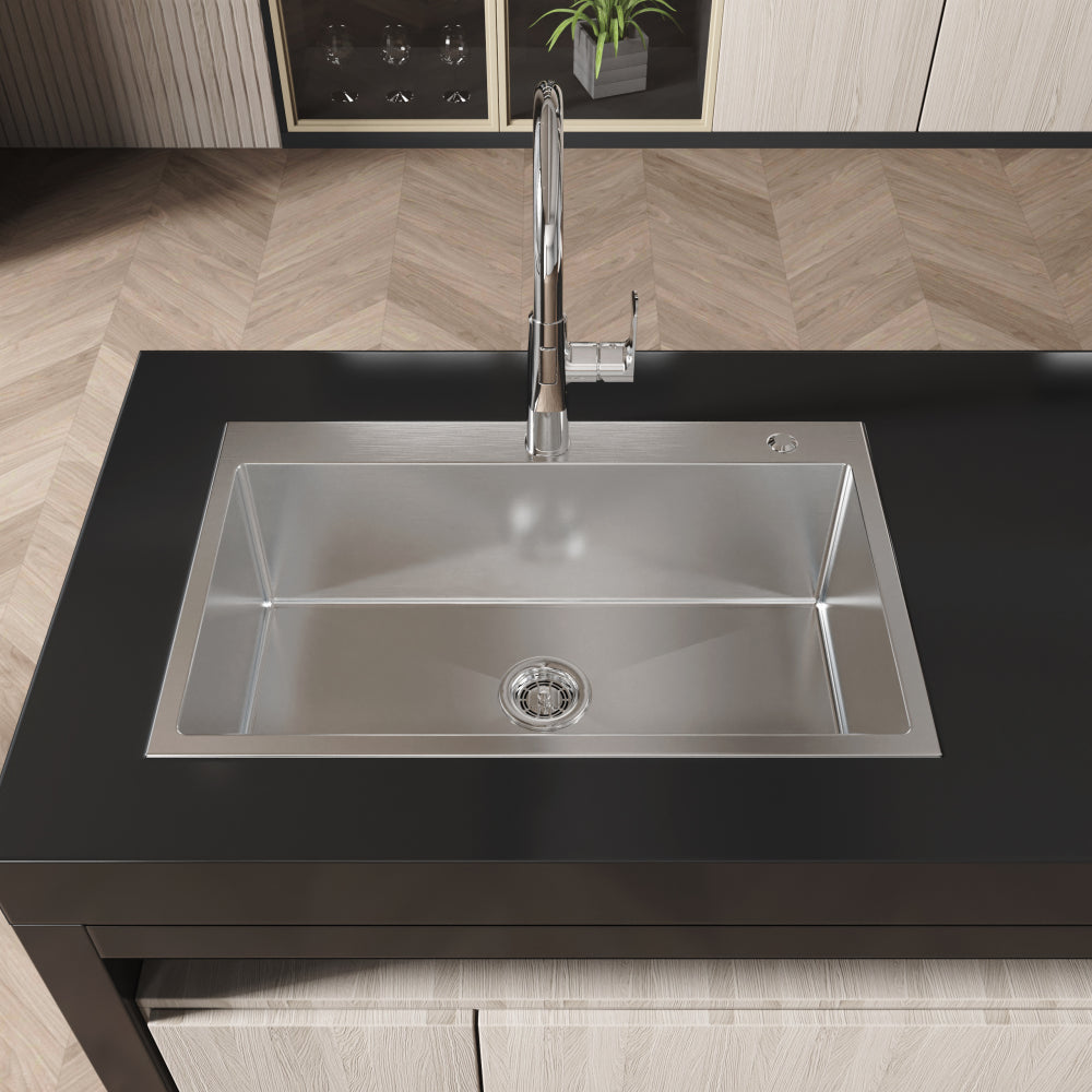 Stainless Steel Kitchen Sink, 30″x19″ Single Bowl, Overmount Handmade Sink in Brushed Nickel, with US Standard Drain and Hook, LS-SSBR04