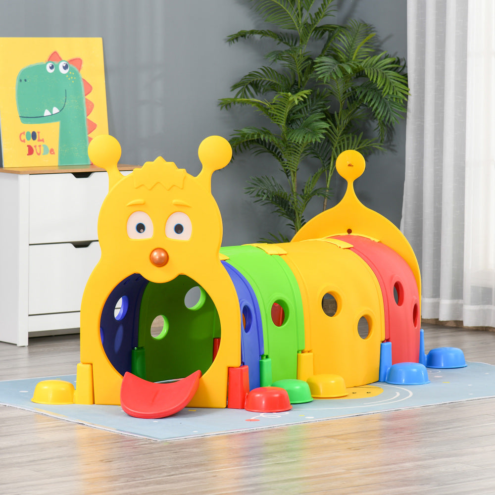 Qaba Caterpillar Tunnel for Kids, Outdoor Indoor Climb and Crawl Through, Play Equipment for Toddler 3-6, 4 Sections, for Daycare, Preschool, Playground, Multicolor