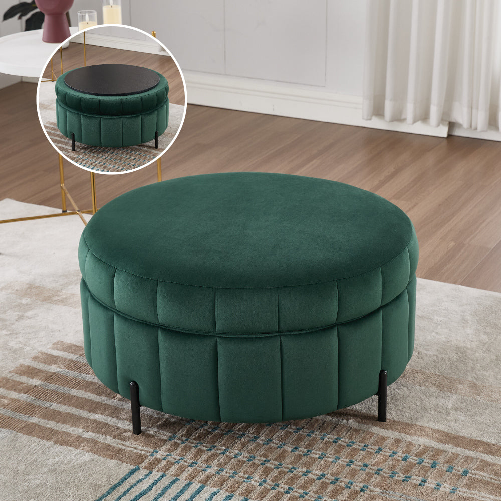 31.5"W Upholstered Round Ottoman With Reversible Lid, Velvet Storage Stool, Channel Tufted Pumpkin-shape Footstool for Living room, Bedroom and Office, Green