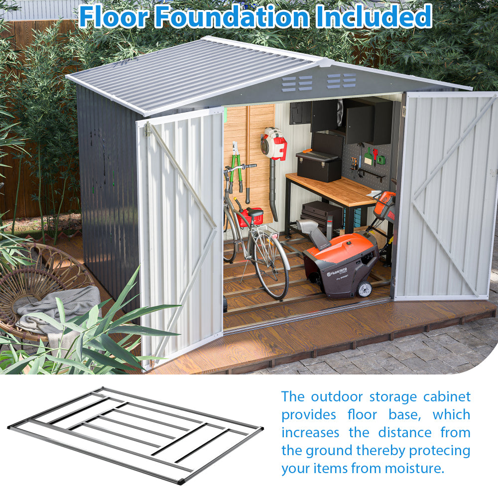 8 x 6 FT Outdoor Waterproof Garden Tool Storage Sheds with Metal Foundation with Floor Frame, Tool Shed with Lockable Hinged Doors & Air Vents, Storage House Waterproof for Backyard, Lawn, Gray