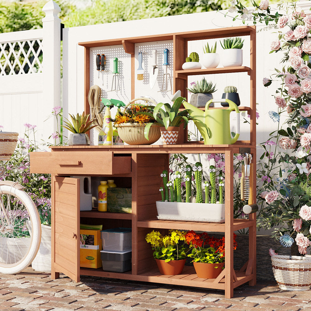 [Assembly Video] TOPMAX Fir Wood Potting Bench with Hutch, Garden Workstation for Planting, 4 Shelves & Adjustable Storage, Pegboard with Hooks, 50.2''Countertop, Drawer & Cabinet, Brown