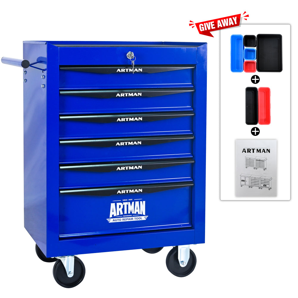 Rolling Metal Tool Chest with 6 Drawers, 20" 6-Drawer Tool Chest Cabinet with Ball Bearing Drawer Slides, Steel Tool Storage Box Organizer -BLACK&BLUE