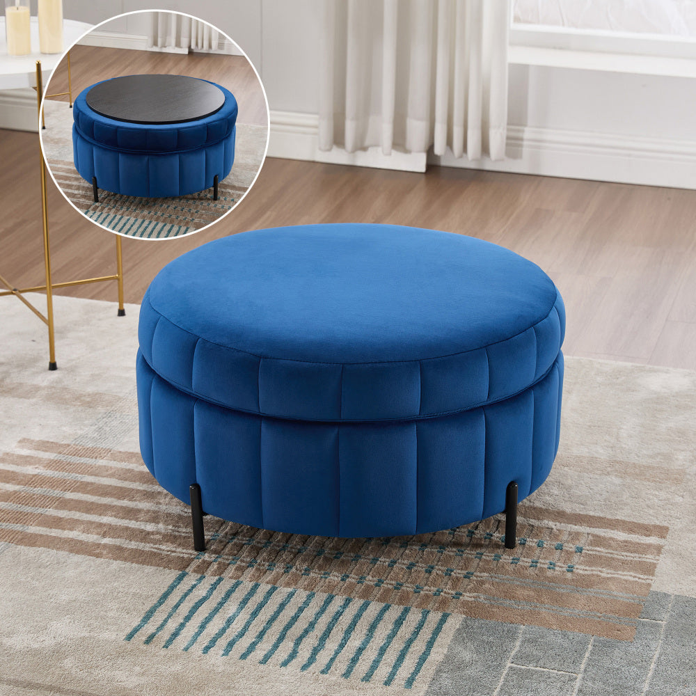 31.5"W Upholstered Round Ottoman With Reversible Lid, Velvet Storage Stool, Channel Tufted Pumpkin-shape Footstool for Living room, Bedroom and Office, Green