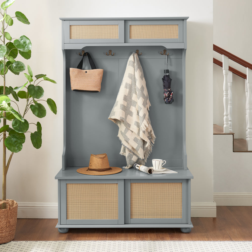Clothes hanger Hall Tree Storage Bench Shoe Rack for Entryway, Hall Tree with Bench and Shoe Storage, Hall Tree Entryway Bench with Rattan Door Gray, 40.16"W*18.58"D*64.17"H