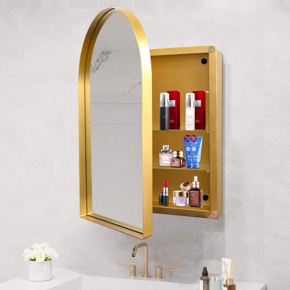 31.5 Inch Surface Mount Round Metal Framed Medicine Cabinet with Mirror and Adjustable Shelves Black Wall Mirror with Storage for Bathroom, Matte Gold