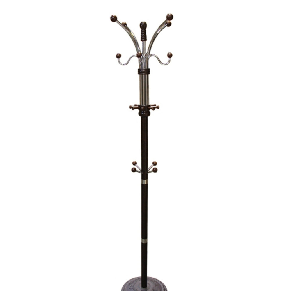 73" Tall Chrome and Wood Coat Rack, Espresso finish