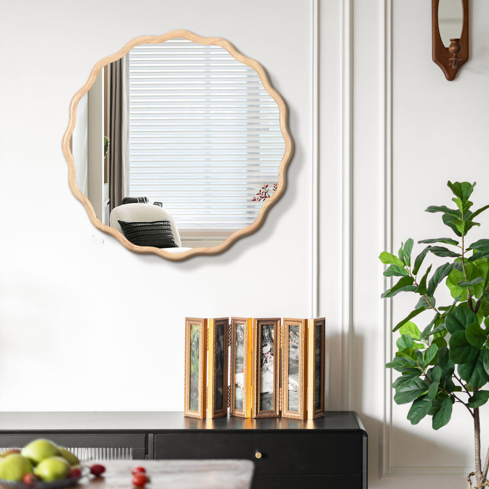 Solid Wood Wavy Mirror--Natural-Wood Vanity Mirror Wall Decor 31" x 31" Modern Mirror Wall Decor for Bathroom, Bedroom, Living Room, Dining Room, Cloakroom, Entryway