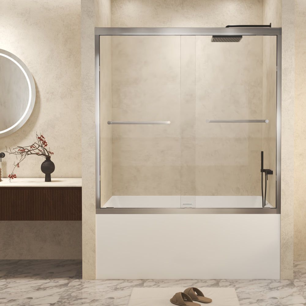 56-60" x 60" Tempered Glass with Explosion Proof Film, Aluminum Frame Double Sliding Shower Door, "1/4 (6 mm), Stainless Steel handle,Brushed Nickel