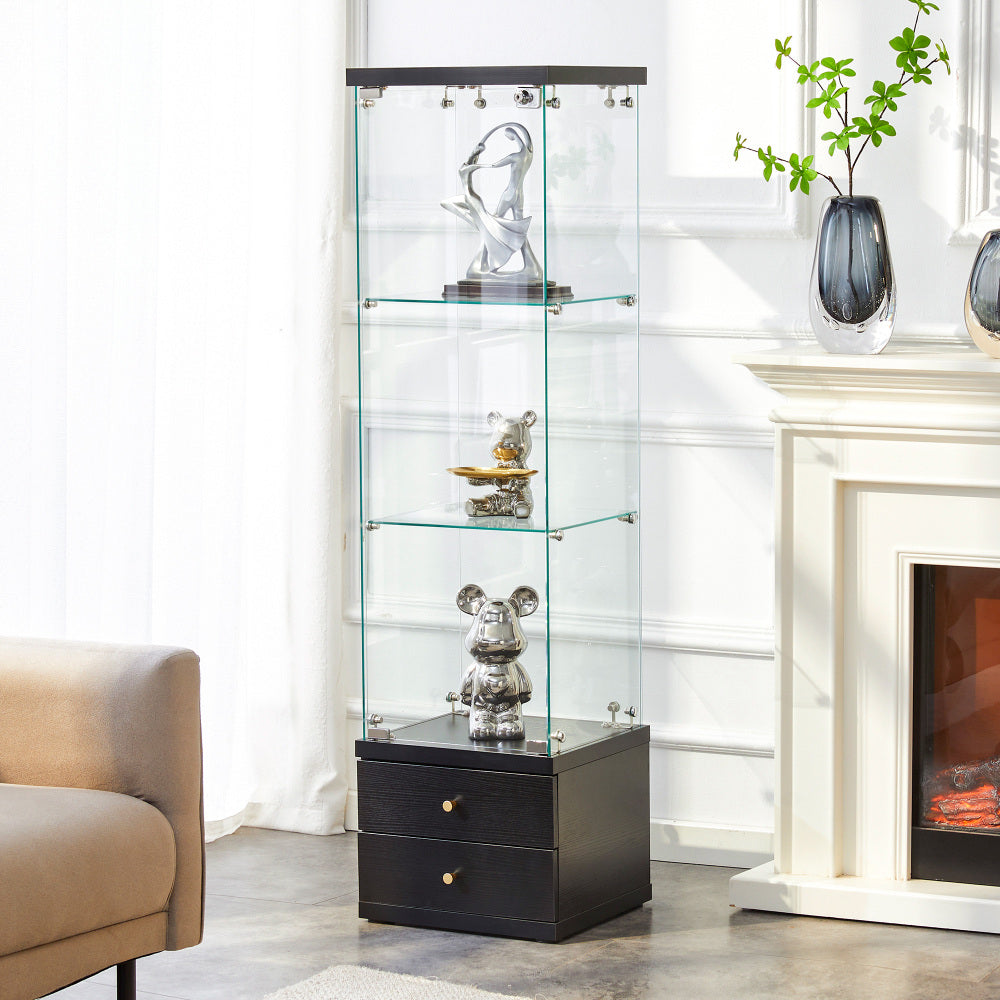 American-Style Non-Lit Glass Display Cabinet (0.2" Tempered Glass) – Soft-Close Drawer Slides  3 Adjustable Shelves, Ideal for Display & Storage