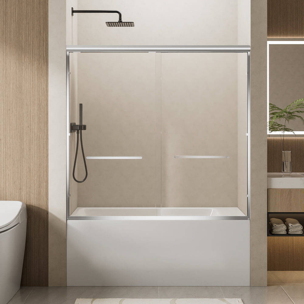 60" W x 57" H Aluminum Frame Double Sliding Shower Door, Soft-Close Chrome Bathtub Door, 1/4" (6mm) Clear Nano-Coated Tempered Glass, Dual Stainless Steel Handles