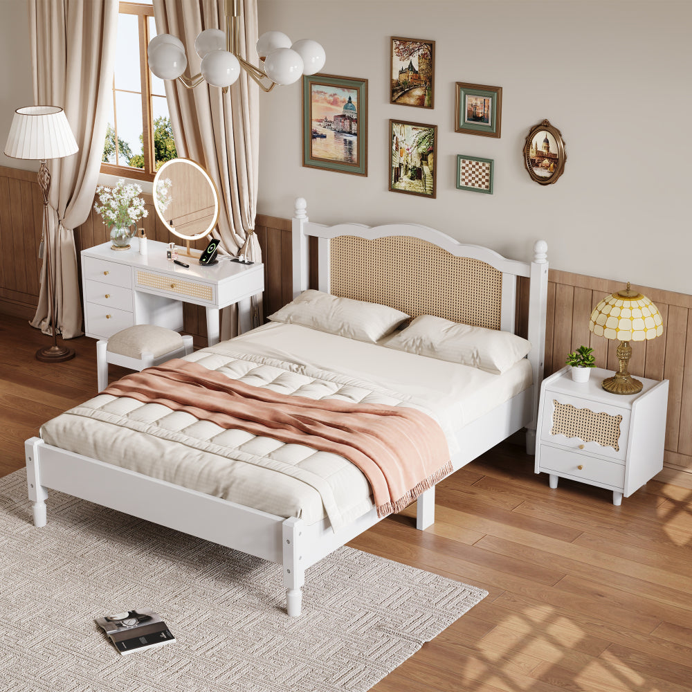 3 Pieces Bedroom Set with Queen Size Wooden Bed Frame, 1 Vintage  Nightstand and 1 Makeup Vanity Set with Stool,Black